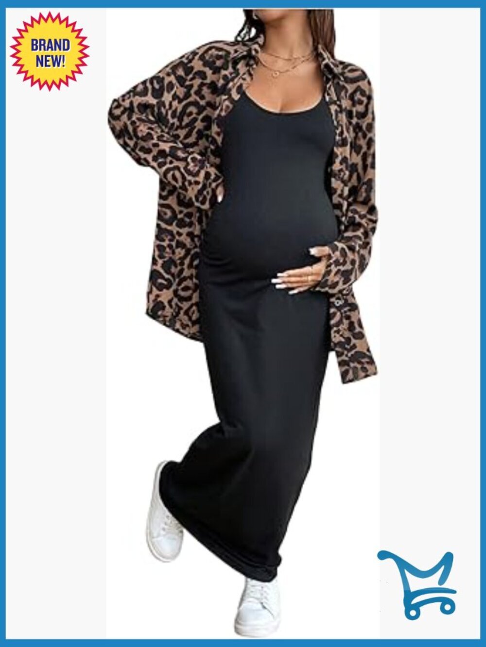 Maternity 2 Piece Cheetah Print Button Down Shirt & Maxi Dress Set Summer